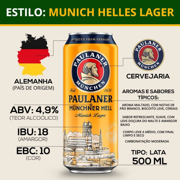 Paulaner Münchner Hell Lata 500ml Lager Alemã - Imagem 3