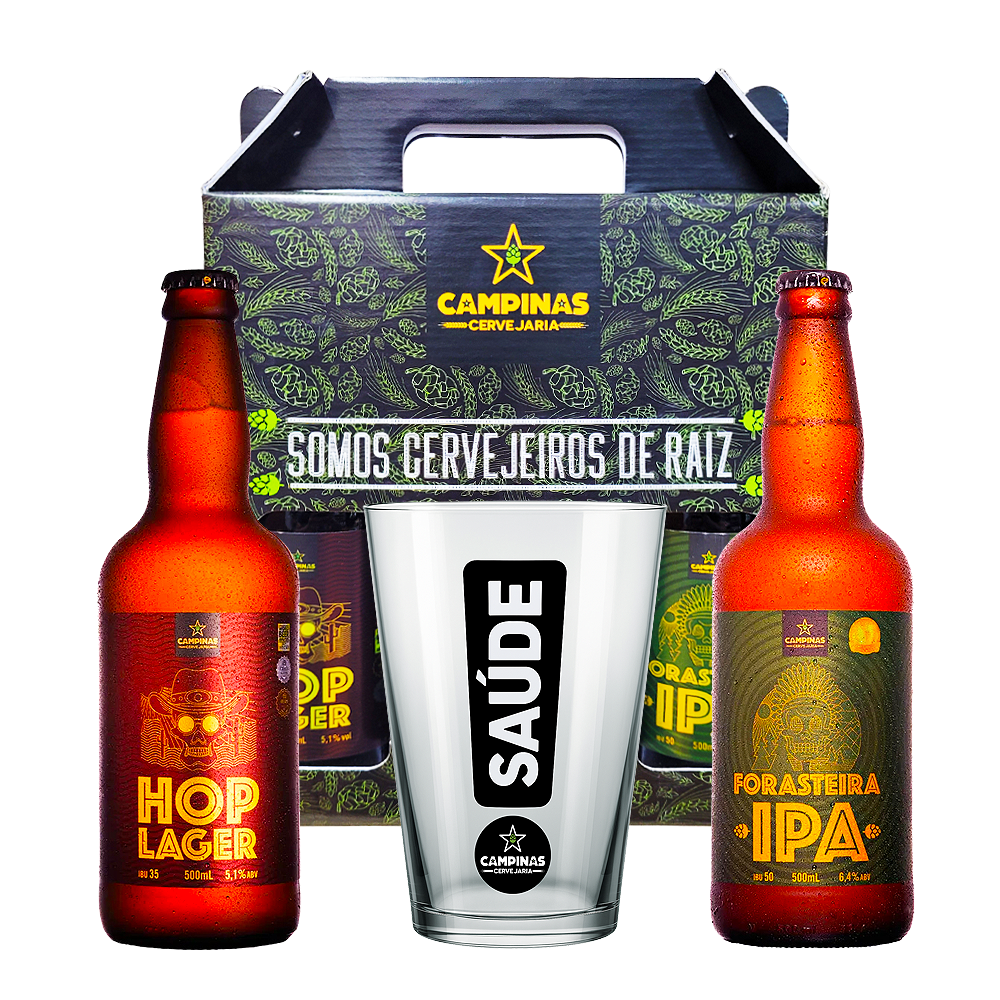 2cc592938e50919fa855dc2968c9f37d.png Kit Cerveja Campinas Hop Lager 500ml + Forasteiro IPA + Copo - Imagem 1