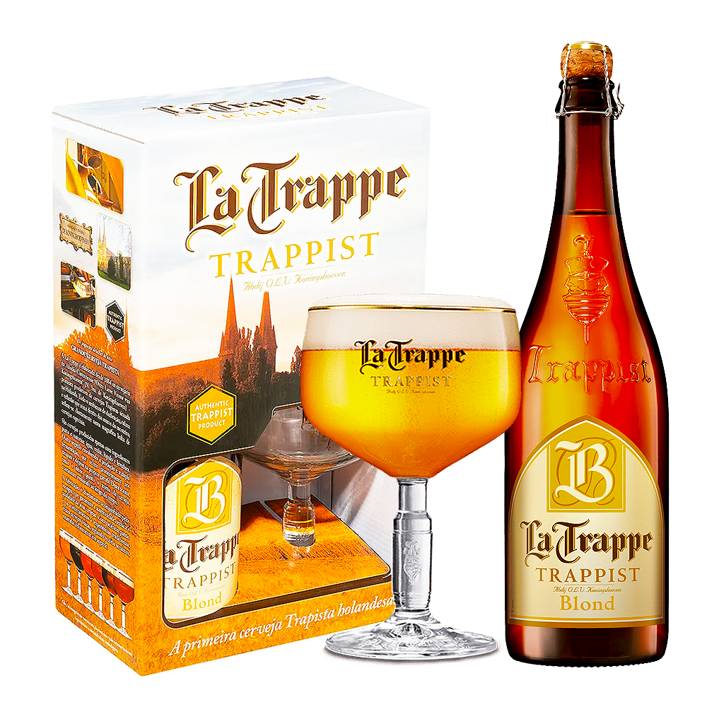 8a2a972a222e8fca17e639cf50455c8b.png Kit Cerveja La Trappe Blond 750ml + Taça Trapista - Imagem 1