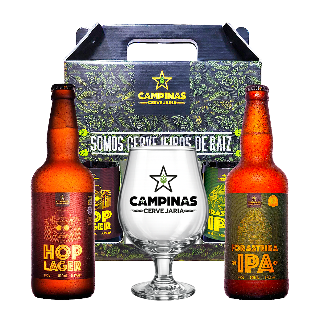000d0d173a35036009203c1bbf1a4c42.png Kit Cerveja Campinas Hop Lager 500ml + Forasteiro IPA + Taça - Imagem 1
